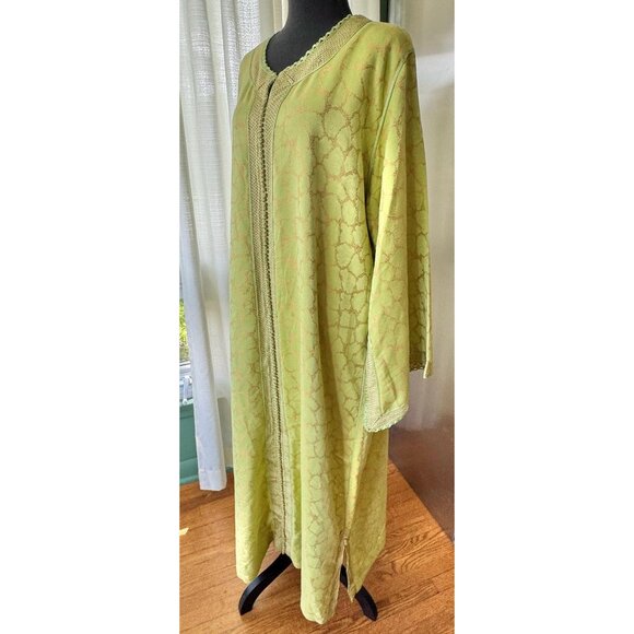 Vintage 70s caftan, chartreuse with golden bronze abstract, traditional robe - Picture 4 of 10